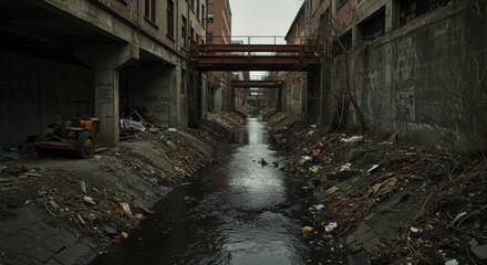 Abandoned Industrial Canal with Graffiti and Debris