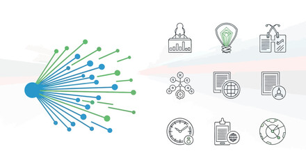 Abstract illustration showing data distribution from a central hub with various business and technology line icons representing innovation, global communication, and process management.