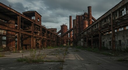 Abandoned Industrial Factory Ruins Under Dramatic Sky