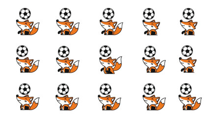 A grid of fifteen cute cartoon orange foxes balancing black and white soccer balls on their heads against a white background.