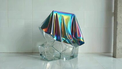Artistic 4K video featuring a modern abstract glass sculpture partially draped with a piece of colorful iridescent fabric displayed prominently within a tiled room featuring minimalistic decor - Powered by Adobe