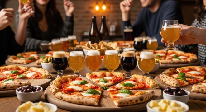 Delicious Craft Beer and Pizza Tasting Gathering with Friends in a Comfortable Ambience
