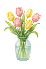 Watercolor Tulips in Clear Glass Vase on White Background