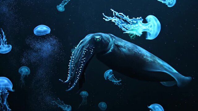 Dynamic deep-sea encounter design a majestic squid glides through an ethereal dance of bioluminescent jellyfish, capturing the mysterious beauty of ocean life