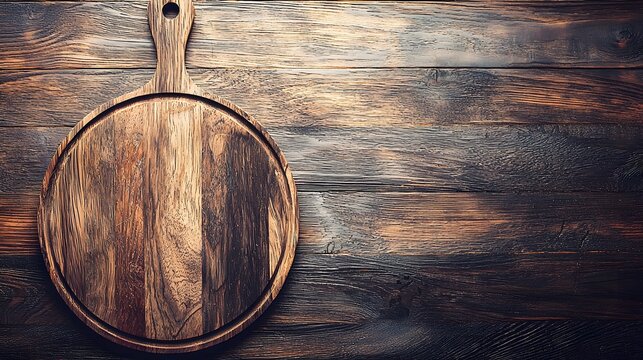 Round wooden cutting board on dark rustic kitchen table background, cooking and food preparation concept for culinary design, restaurant, or rustic cuisine - Powered by Adobe