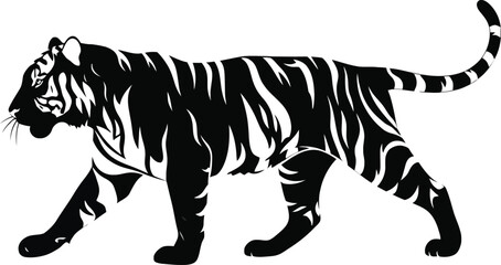 Silhouette of a tiger walking isolated on white background.