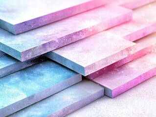 A close-up, abstract view of layered, rectangular blocks with a textured, pastel gradient of pink, purple, and blue, accented by a subtle glitter effect.