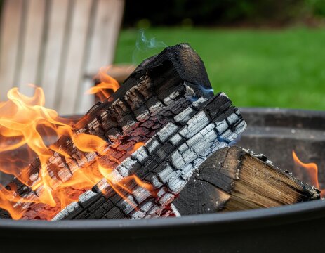 A vibrant campfire with flames dancing over charred logs, set in a grassy outdoor area, creating a cozy and inviting atmosphere.