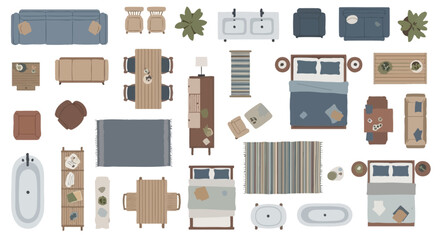 top view furniture and home decor elements for modern interior design architectural floor plans and home layouts.