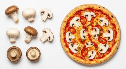 Delightful mushroom pizza presentation alongside fresh ingredient selections on white background