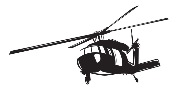 Black Hawk Style Military Helicopter Vector Silhouette - Transport and Combat Aircraft Cutout - Minimalist Black and White Design
