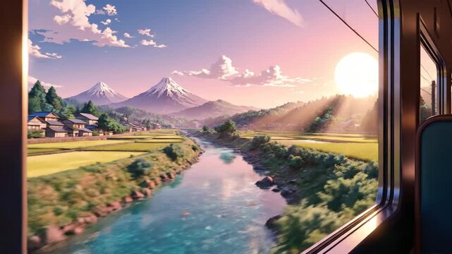 Anime style view from a train window of picturesque Japanese countryside with Mount Fuji, traditional houses, and rice fields at sunset.