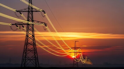 Majestic power lines silhouetted against a dramatic sunset sky