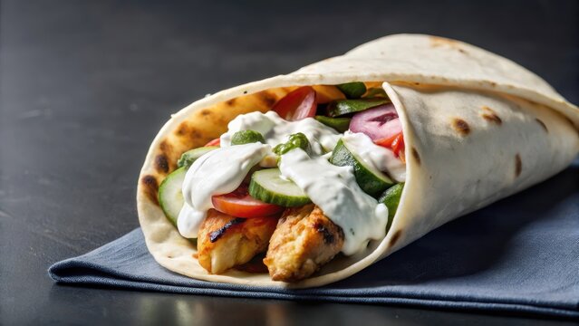 Fototapeta A classic Greek street food delight wrapped in warm pita, filled with juicy chicken, crunchy veggies, and refreshing tzatziki sauce
