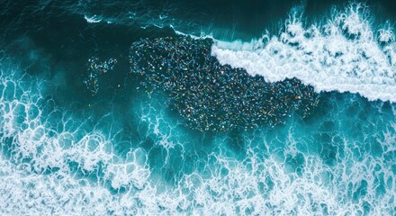 Aerial View of Ocean Plastic Pollution Accumulating in Waves