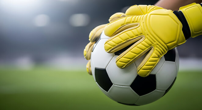 Close-up of a goalkeeper's hands in yellow gloves catching a black and white soccer ball on a field