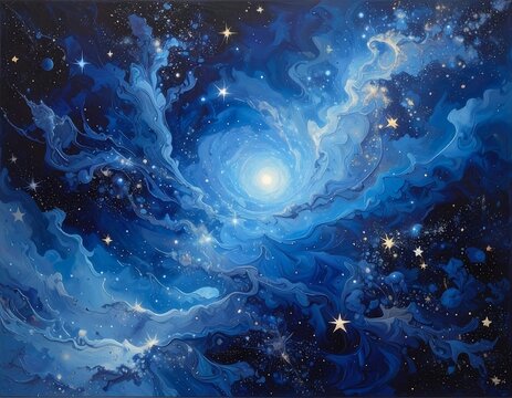 Deep blue abstract artwork of a celestial spiral nebula with twinkling stars