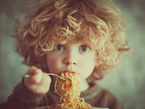 A curly haired toddler eagerly eats a big forkful of pasta, making a mess of noodles and sauce today.