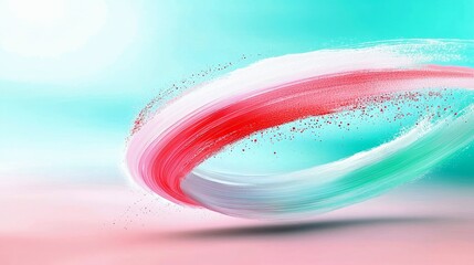 A dynamic abstract composition featuring thick, swirling brush strokes in red, white, and teal, with fine particles scattered around.