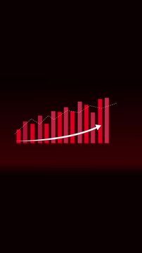 Red Bar Chart with Downward Trend Arrow and Dotted Line Graph on Dark Background. Animated red bar chart with falling trend arrow and dotted line graph indicating decrease mobile video