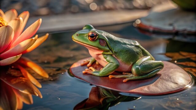 A vibrant green tree frog perches on a delicate water lily pad in a serene pond