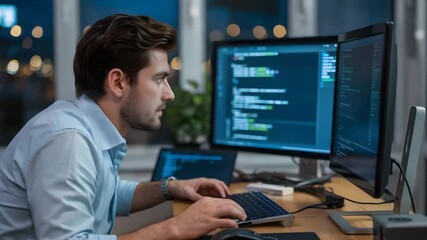Dynamic developer coding software with focus and intensity in a modern office during the evening hours