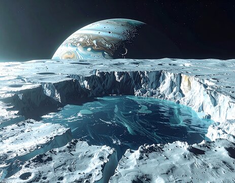 Digital art featuring a cold lunar landscape and planet in the sky - Powered by Adobe