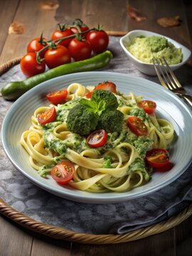 Indulge in the vibrant flavors of Italy with a rich and creamy pesto sauce atop a bed of al dente pasta, paired with a delightful duo of roasted broc