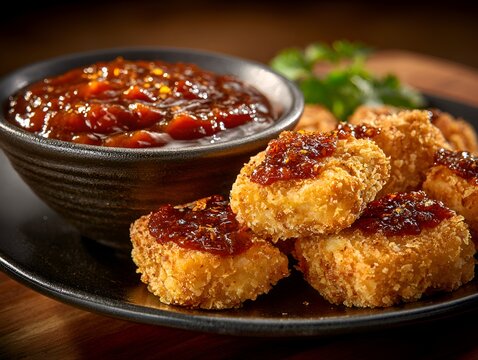 Crispy fried cheese appetizers are topped with spicy mango chutney and served on a dark plate close up.