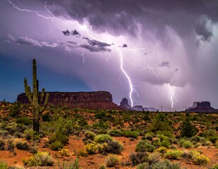 Desert landscape under a dramatic purple sky, lightning strikes