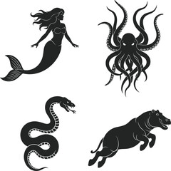 Minimalist solid black silhouettes of mermaid, kraken, sea serpent, and hippocampus for vector design use