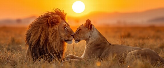 Experience the raw beauty of the African savanna with this intimate moment between a lion and lioness at sunrise, bathed in golden light, showcasing wildlife love.