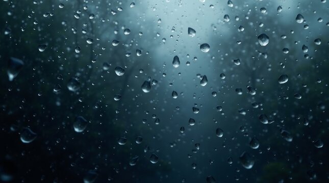 Raindrops on glass with blurred forest background water droplets - Powered by Adobe