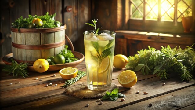 A refreshing glass of homemade lemonade, garnished with fragrant herbs and nestled among rustic wooden accents, evokes a sense of summers simplicity