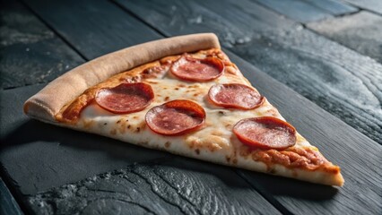 A perfectly cooked pizza slice, adorned with a rich layer of melted mozzarella and spicy pepperoni, is a culinary delight