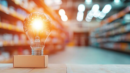 Lightbulb in packaging with sale signage in the background, promoting store deals.