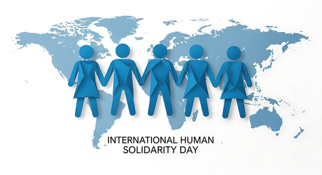 Diverse group of people holding hands in unity across a world map celebrating human solidarity