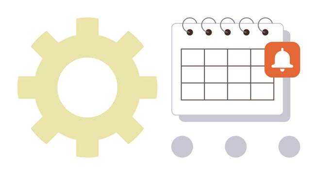 Gear alongside a calendar with a notification bell, symbolizing task management, productivity, scheduling, and organization. Ideal for concepts thumbs up workflow, reminders, planning, efficiency