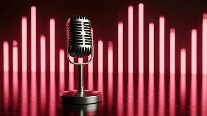 4k shot of a vintage microphone standing on a reflective surface with red audio waveforms in the background, created with cinematic lighting conveying a retro, vibrant