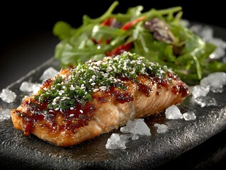 Glazed salmon fillet is adorned with fresh herbs and sesame seeds presented beautifully on a black plate.