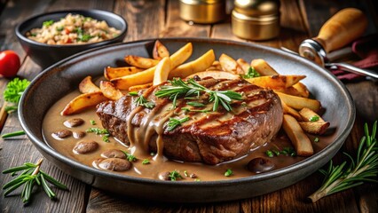 Indulgent dinner night A juicy, panseared steak paired with earthy mushroom gravy and crispy golden fries