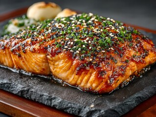 A perfectly cooked salmon fillet is seasoned with sesame seeds and herbs on a dark serving platter now.
