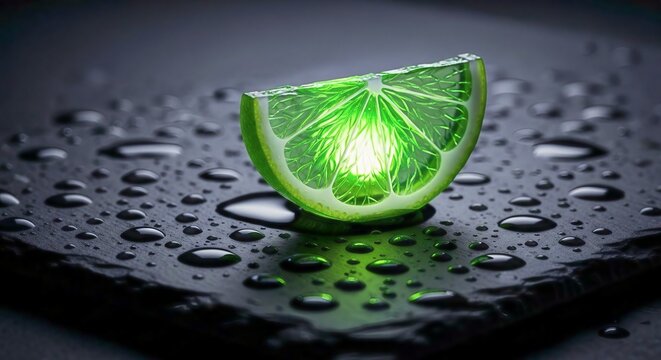 Conceptual image of a bioluminescent lime slice on wet zen stones, representing herbal energy and holistic wellness