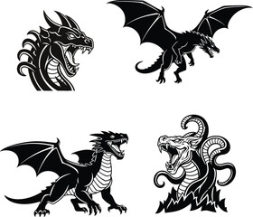 Minimalist solid black silhouettes of dragonling, wyvern, hydra, and chimera for vector design use