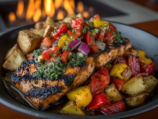 Grilled salmon fillet topped with fresh vegetable salsa served with roasted potatoes at a restaurant table.