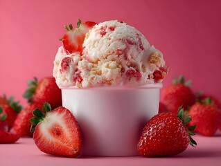 Strawberry ice cream scoop with fresh strawberry halves sits in a pink cup on a vibrant pink background.