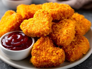 Delicious heart shaped chicken nuggets are plated with savory dipping sauce on rustic gray countertop dishware.