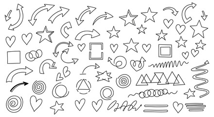 hand drawn doodle elements including sketch arrows stars hearts basic shapes ideal for graphic design and creative work.
