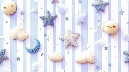 A whimsical pattern featuring a crescent moon, stars, and clouds with sleepy faces on a blue and white striped background.