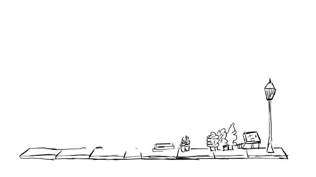 Charming hand-drawn street front animation small shops, windows, plants, streetlamp in a warm sketch style,  storytelling, intros, lifestyle content, creative projects, 4k